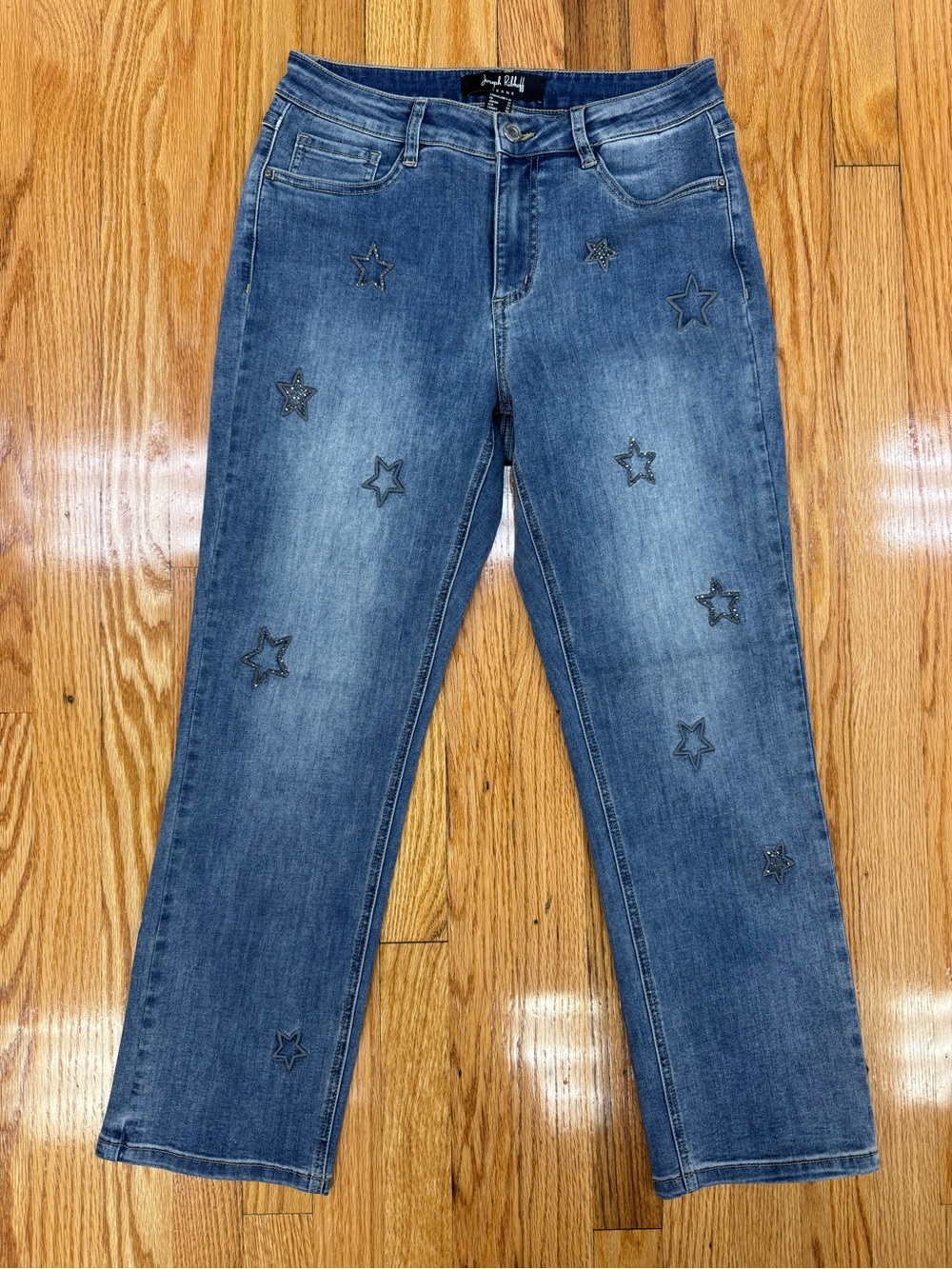 Joseph Ribkoff Denim Blue Jeans with Embroidered Rhinestone Star Embellishments
